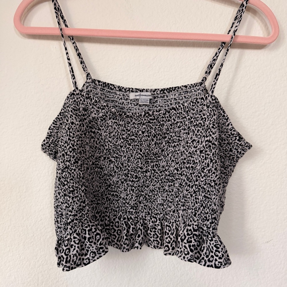 American Eagle Black and White Leopard Print Smocked Cami Ruffle Feminine XL